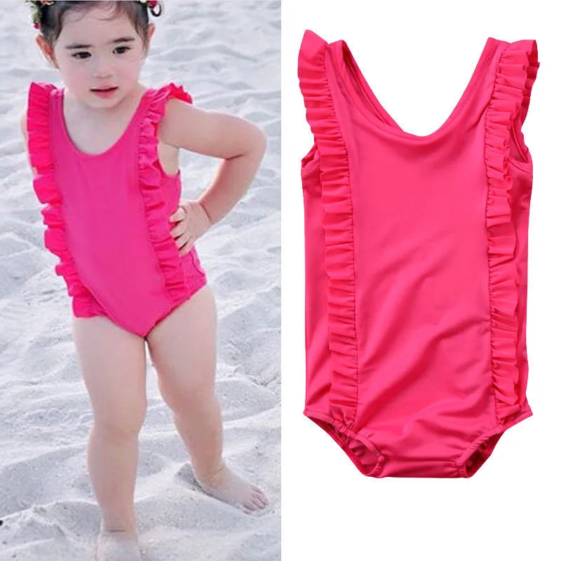 Toddler Kids Solid swimwear baby girls ruffles One Piece bikini Tankini