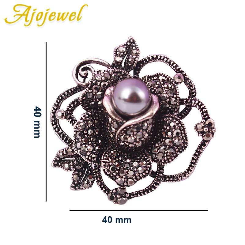 

Ajojewel Antique Silver Color Rose Shaped Vintage Brooches Pins For Women Gray Simulated-Pearl Jewelry Gift For Party