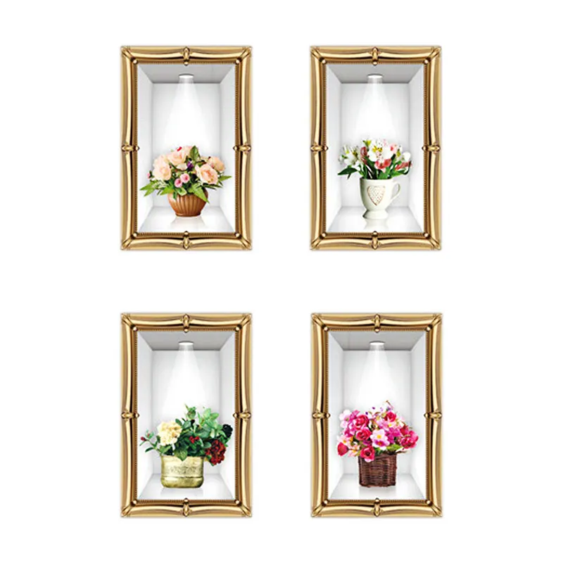 Hot Sale 4 Pcs/ Set 3D Flowers Vase Wall Stickers Room Plant Wall Decals Home Art Decoration