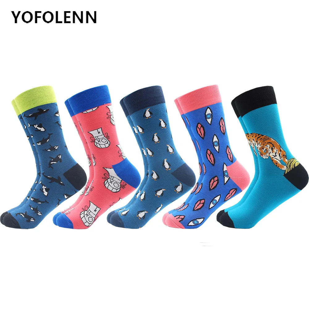 

5 pair/lot Happy Socks Men Funny Pattern Colorful Combed Cotton Socks High Quality Crew Business Dress Long Tube party Socks