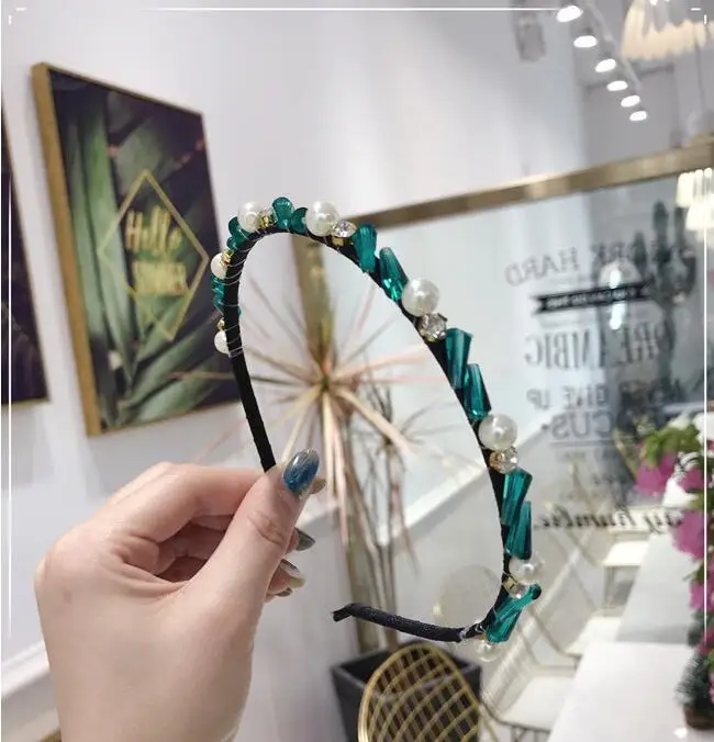 Fashion Fresh Style Hairband Women Summer Hair Accessories Girls Pearls Shiny Rhinestone Headdress Adult All-match Clothing - Цвет: green hairband