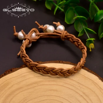 

GLSEEVO Leather Hand-Woven Pearl Bracelet 100% Natural Fresh Water White Pearl For Women Girl Party Gift Fine Jewellery GB0166
