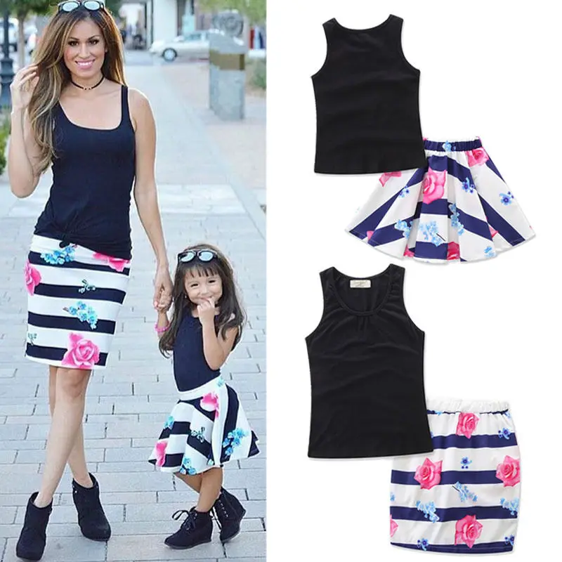 

2017 Summer Mom Girl Matching Outfits Daughter Women Kid Girls Vest+Floral Striped Skirt Clothing Set