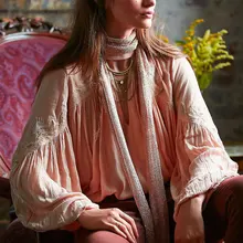 Легкая женская блузка из хлопка с блестками и цветком для девочки, с вышивкой, v-образный ворот, с рукавами-фонариками осенние богемная блузка в стиле хиппи, шикарное blusa E21