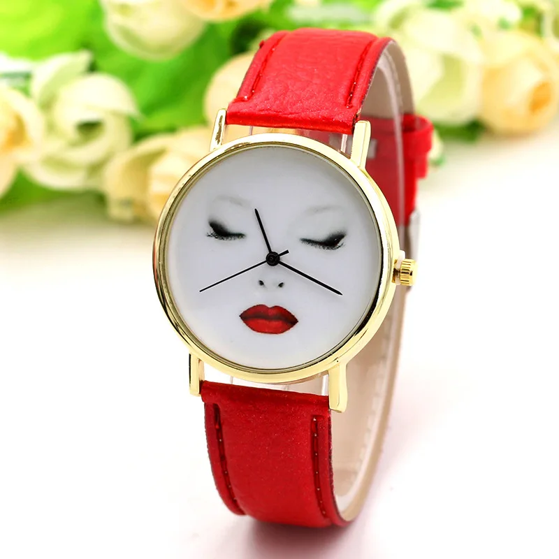 

2019Simple Style Quartz Watch Women Unisex Leather Analog Wrist Fashion Funny Human Face Printed Watches reloj mujer