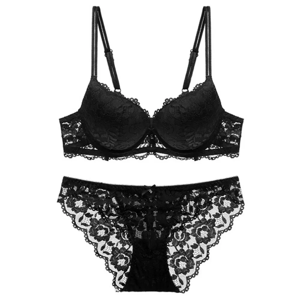 Underwear Set Sexy Lace Mesh Bra and Panty Flower Embroidery Push Up Seamless Adjustment A B Cup Lingerie For Women High Quality