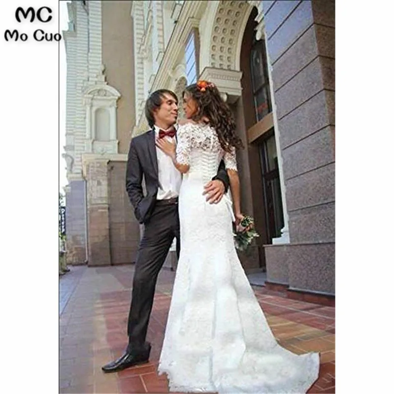 С открытыми плечами Русалка Свадебные платья удлиненный полурукав Robe de mariage Кружева Тюль Vestido de noiva Свадебные платья