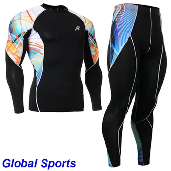 

2017 colorful Mens Moisture Wicking Quick Dry Base Layer sets Long Sleeve Tops Shirt Tight Leggings suit Compression Running Set