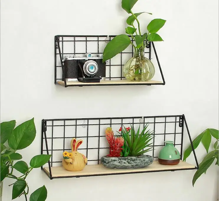 المعادن جدار الرف الحديد زهرة زهرية حامل متعدد الاستخدام حامل جدار الجرف التخزين أشتات سلة الحائط الخشبية والمعدنية مجلة حامل