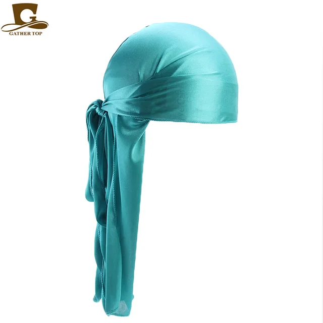 Men's Silky Durags Bandanas Turban hat Wigs Doo Men Satin Durag Biker Headwear Headband Hair Accessories Extra Long Tail Du-Rag Adult Lake Blue