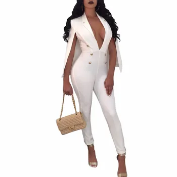 

Lady Solid Cape Jumpsuits Women Sexy Deep V Sleeveless Rompers Stretch Slim Fit Casual OL Playsuits Plus Size Fashion Bodysuits