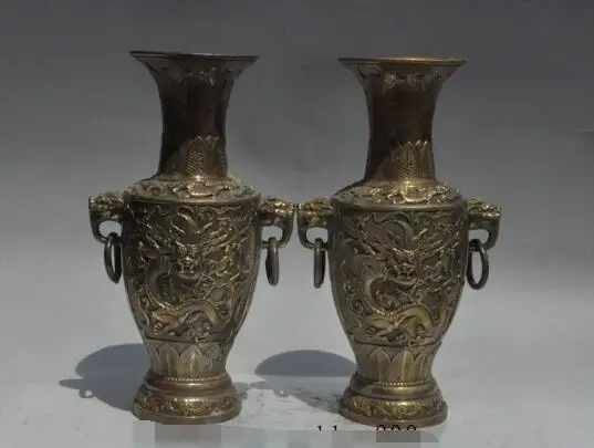 

S01643 13"chinese bronze fly dragon beast head statue pair Zun Cup Bottle Pot Vase Jar (B0413)