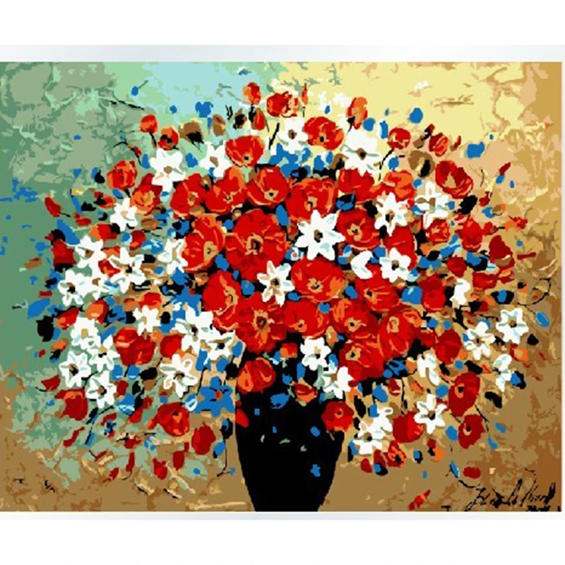 Frameless Red Flower Diy Digital Painting By Numbers Acrylic Paint