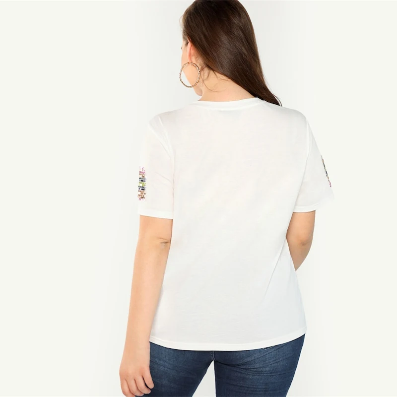 SHEIN модная футболка в полоску с коротким рукавом и круглым вырезом, с контрастными пайетками,, эластичная Осенняя Повседневная футболка Highstreet Weekend