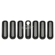 7x Black Front Insert Mesh Grille Trim With Lock Hole Fit For Jeep Wrangler JK