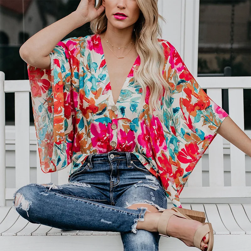

2019 Floral Printed Womens Tops and Blouses Red Sexy V Neck Chiffon Ladies Blouse Summe Loose Batwing Sleeve Women Tunic Shirt