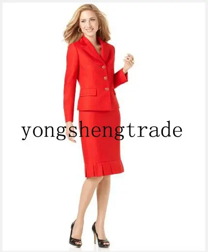 

Custom Made Women Business Suit Red Women Suit Notched Collar Jacket & Pleated Skirt 682