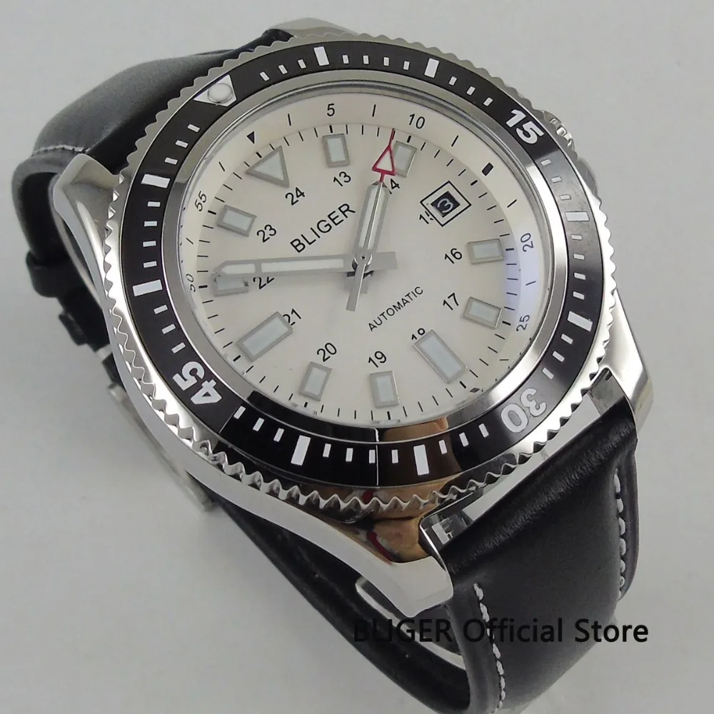 

Casual BLIGER 44mm White Sterile Dial Luminous Marks Black Ceramic Bezel Stainless Steel Case Automatic Movement Men's Watch B52