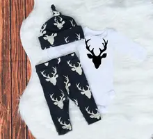 Newborn Infant Baby Girls Boys Clothes Set Deer Tops Bodysuits + Long Pants + Hat Animals 3pcs Outfits Set