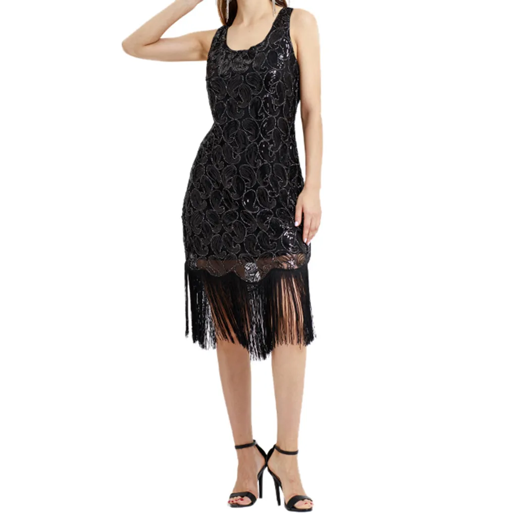 FREE OSTRICH Women Dress Vintage Solid O Neck Fringe Sequin Lace Party ...