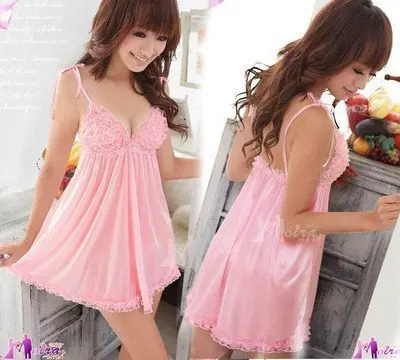 

Pink Women Gown Lingerie Night Robe Top Dress Low Cut Lingerie Sleepwear