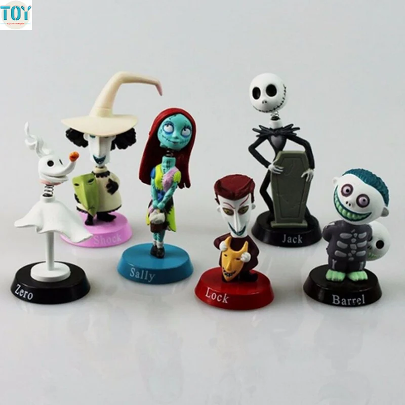 

New 6 PCS Jack Skellington Toy Nightmare Before Christmas Tim Burton Barrel Moving Action Figure Playset Car Decoration Kid Gift