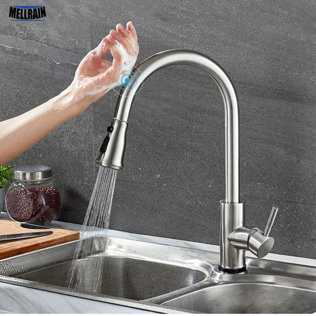 Cheap Touch Sense Control Kitchen Faucet Pull Out Sink Water Mixer Tapware Double Flow Setting Pause Button Stainless Steel Brushed