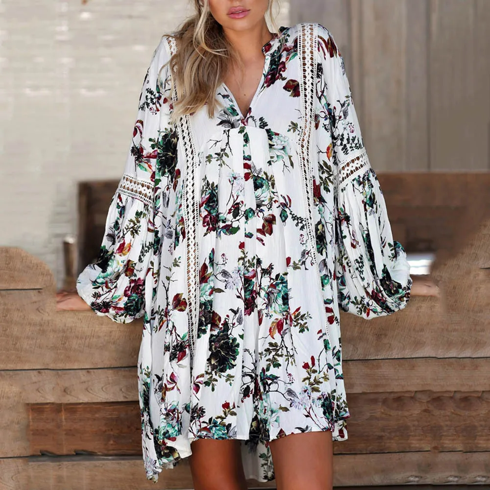 

Women Boho Floral Print Mini Dress Flare Sleeve Beach Party Night Causal Dress Summer Clothes For Women Sukienka Damska New 2019