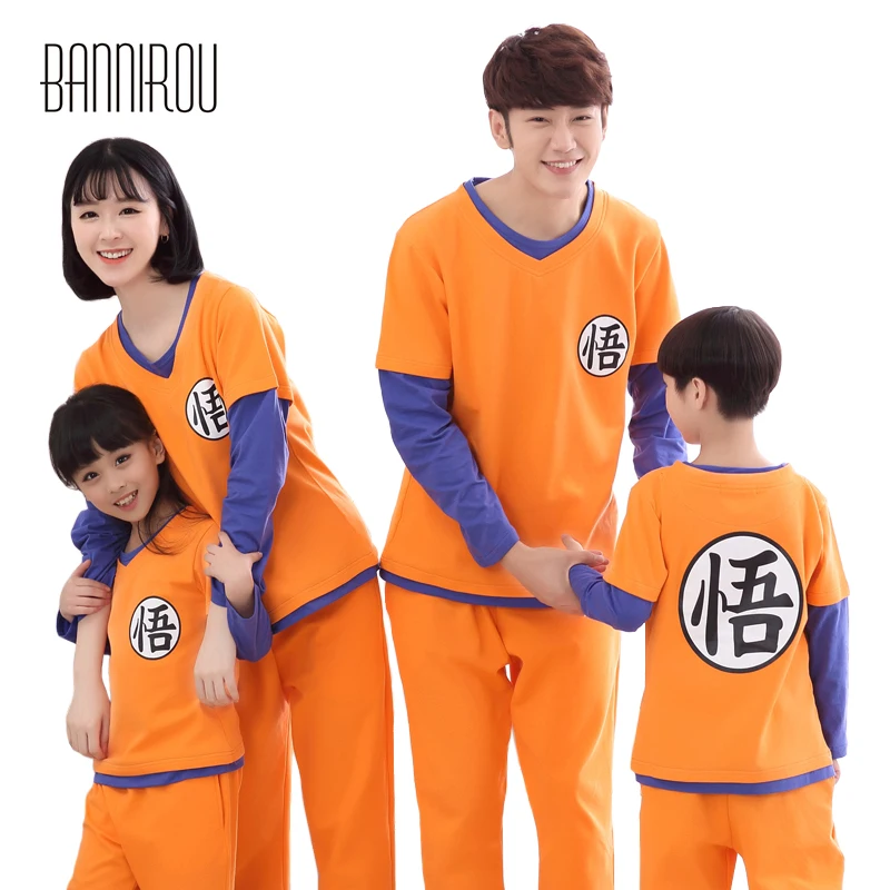 Продажа Dragon Ball Семья пижамный комплект 100% хлопок Косплэй оранжевый китайский иероглиф простой домашняя одежда для малыша папа мама полный Пижамный...