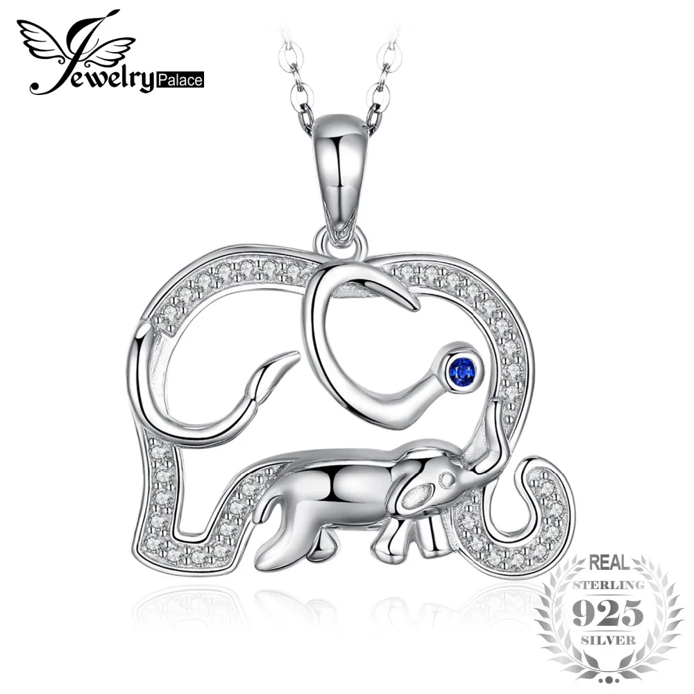 

JewelryPalace Elephant Mother and Baby Created Light Blue Spinel Animal Pendant 925 Sterling Silver Trendy Not Include the Chain