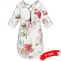 Для женщин; большие размеры 5Xl цветочный принт шифон Повседневная блузка рубашка женская летняя обувь на молнии спереди короткий рукав