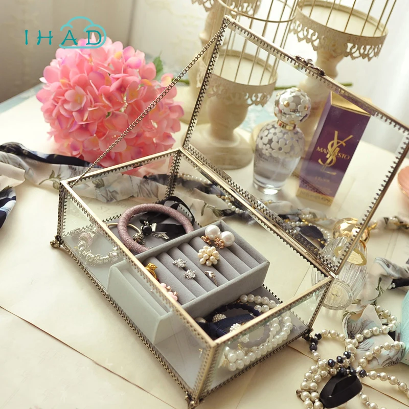 Ретро Изысканный стеклянная коробка для хранения Организатор Макияж Jewelry Кольцо