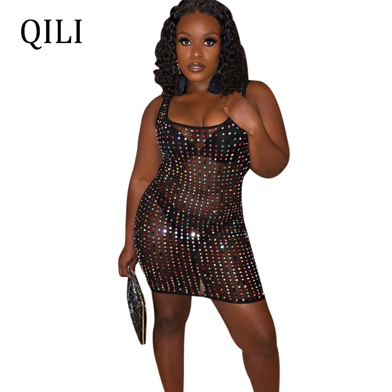 

QILI Sexy See Through Mesh Sequin Dress Tank Voile Short Dresses Summer Women Sleeveless Mini Party Club Dress Plus Size s-xxl