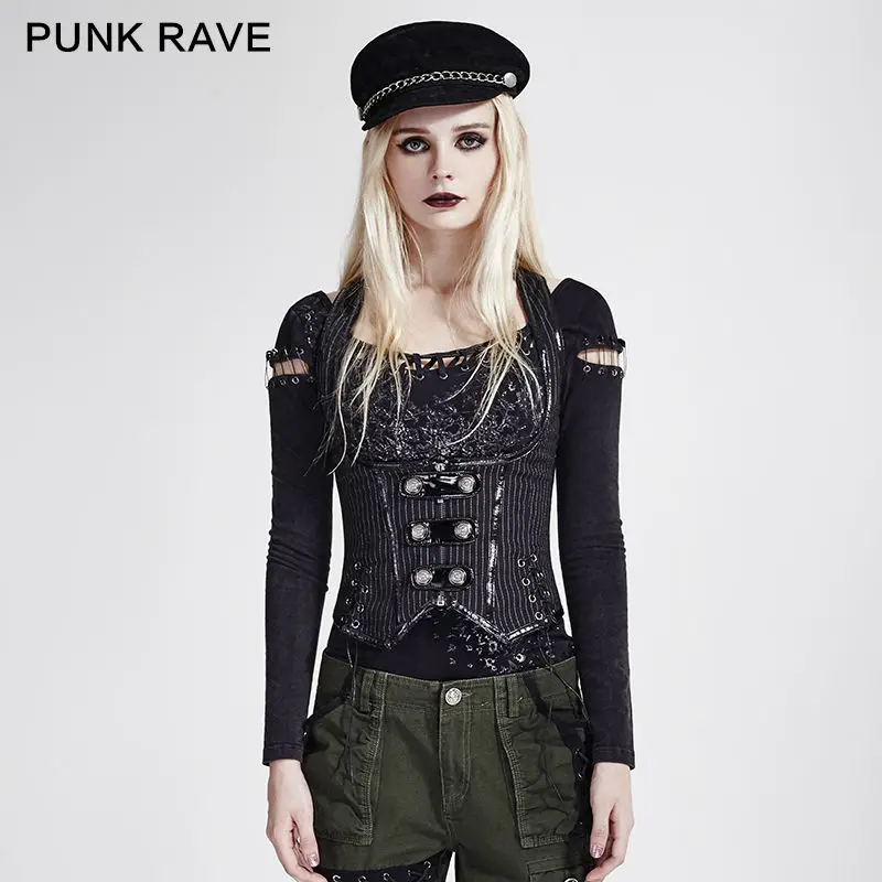 

PUNK RAVE Womens Gothic Stripe Vest Military Uniform Punk Vest Shirt Women Casual Mysterious Cosplay Corset