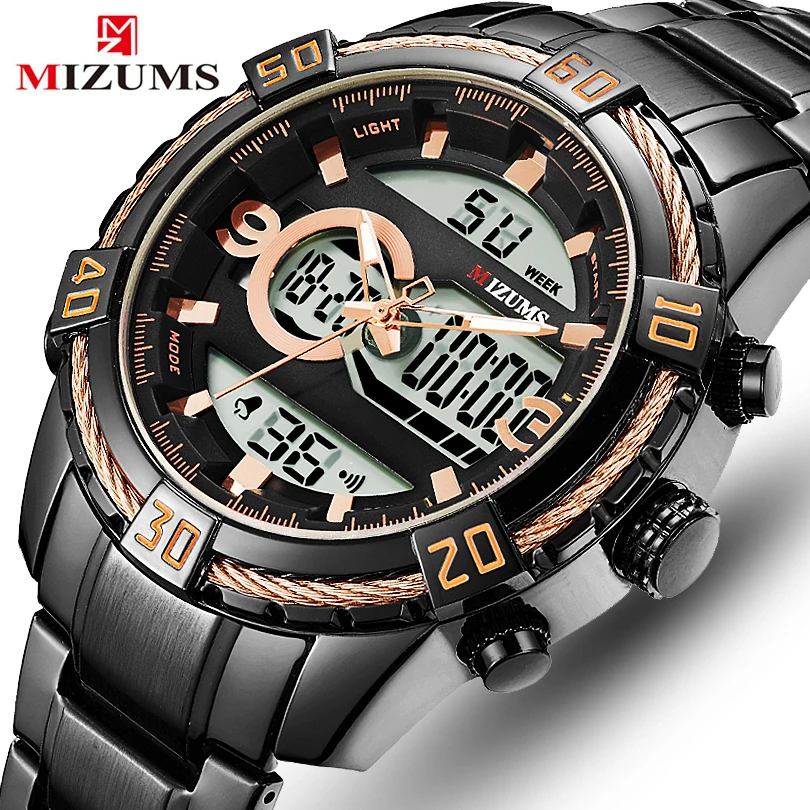 

MIZUMS Top Brand Men Army Military Sport Watches Male LED Analog Digital Quartz Clock Black Stainless Wristwatches + Gift Box