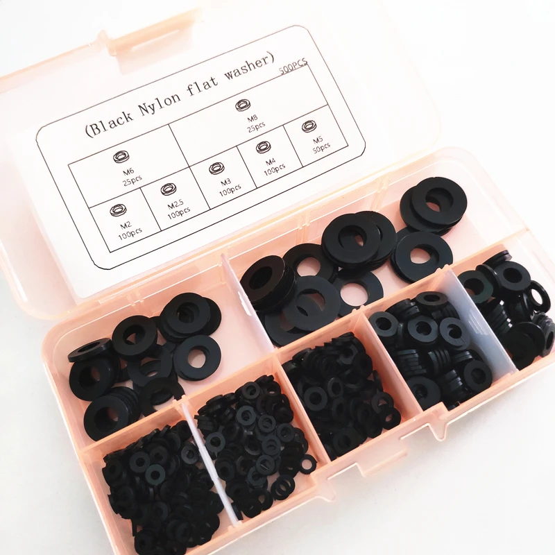

500pcs M2 M3 M4 M5 M6 M8 White or Black Nylon Flat washer Nylon gasket Plastic washer Kit