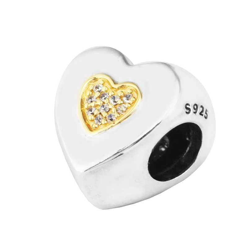 

Fit Pandora Charms Bracelets Name Beads 14K Real Gold 100% 925 Sterling Silver Clear CZ Heart Charm for Jewelry Making PRF595K
