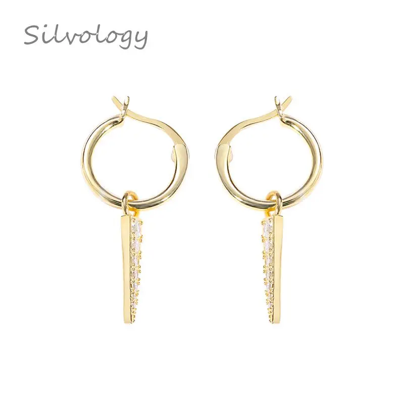 

Silvology 925 Sterling Silver Geometric Strip Zircon Hoop Earrings Fashion Texture 2019 Female Earrings Gold Elegant Jewelry