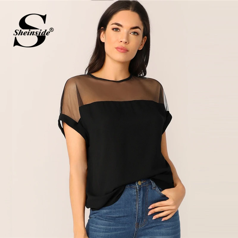 

Sheinside Casual Contrast Mesh Patchwork Blouse Women 2019 Summer Short Sleeve Blouses Ladies Solid Keyhole Back Button Top