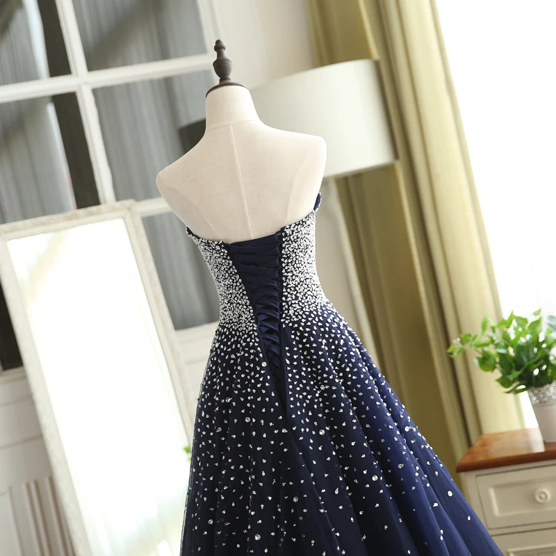 sequins stones beaded tulle navy evening gown