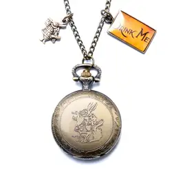 Античная бронза Алиса в стране чудес тема Кролик Алиса дизайн карманные часы с цепочки и ожерелья цепи аксессуары