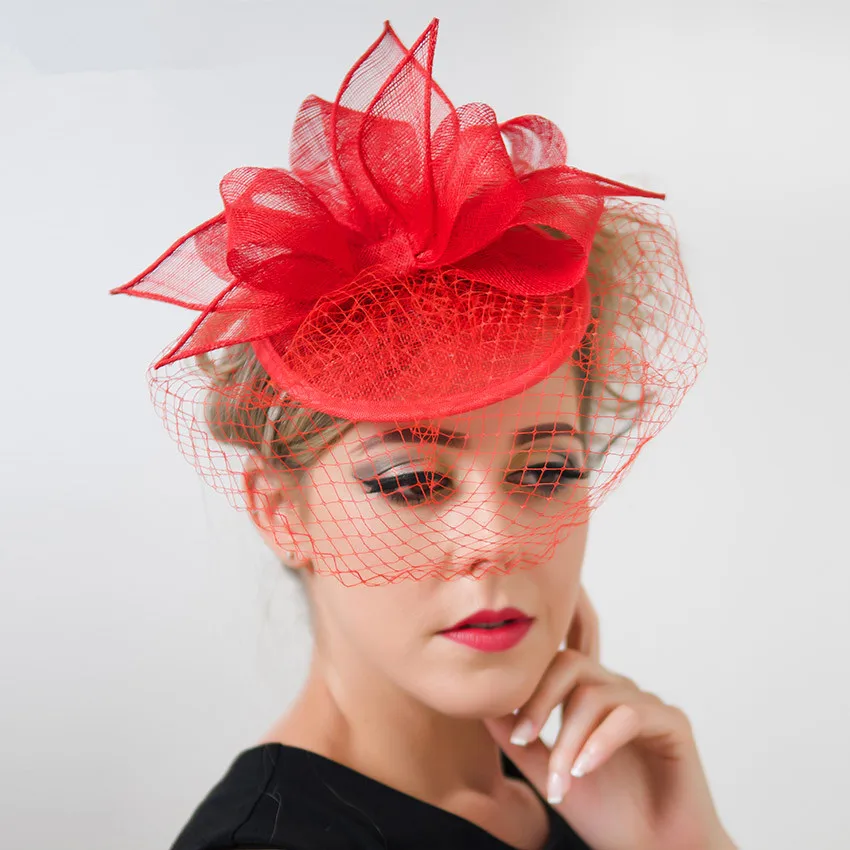 Red Royal Blue Wedding Sinamay Fascinator Hairbands Fashion Women Red Royal Blue Wedding Sinamay Fascinator Hairbands Fashion Women Elegant Church Party Hat Birdcage Veil Tail Hair Clip In Accessories From