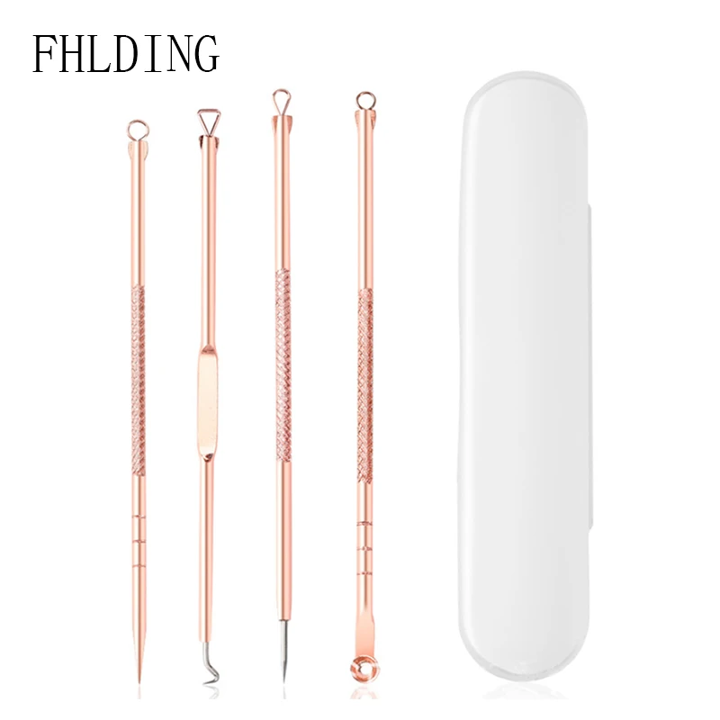 4Pcs/Set Blackhead Acne Comedone Removal Needles Pimple Belmish Extractor Remover Tool Spot Comedone Pin Kits for Face Clean - Color: Rose Red with box