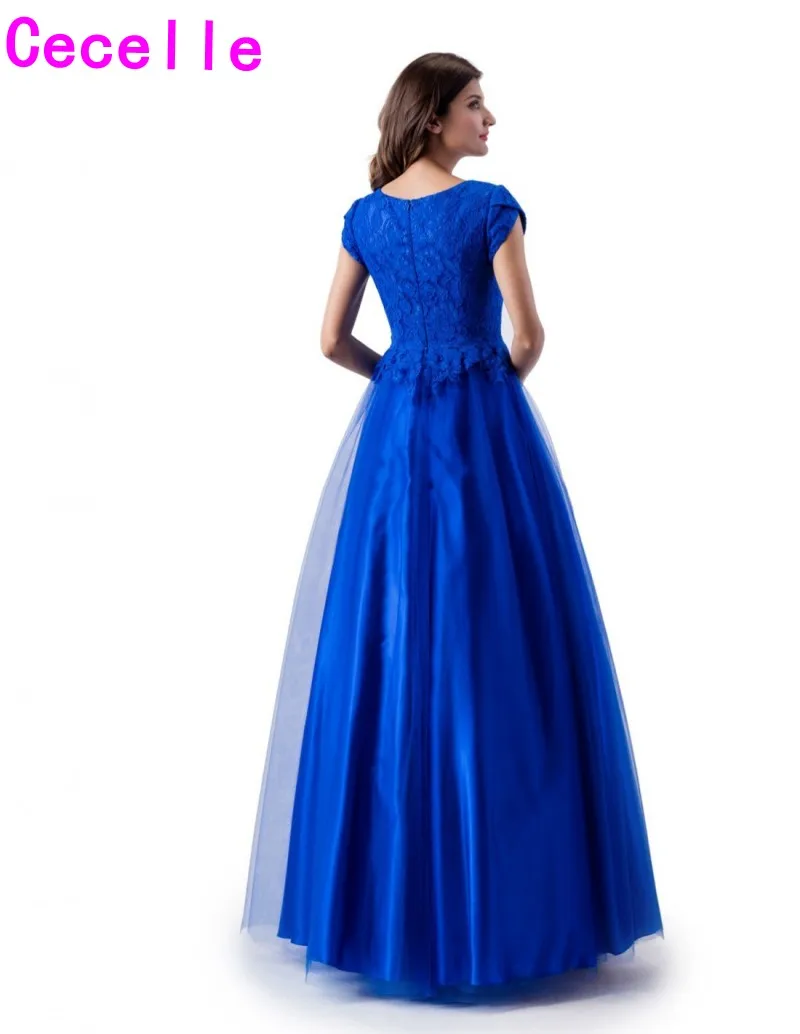 Королевский синий lacetulle, а-силуэт, длинный скромное, на выпускной платье одежда с рукавами с v-образным вырезом пол Длина простая одежда для девочки-подростка Скромные Вечерние платья