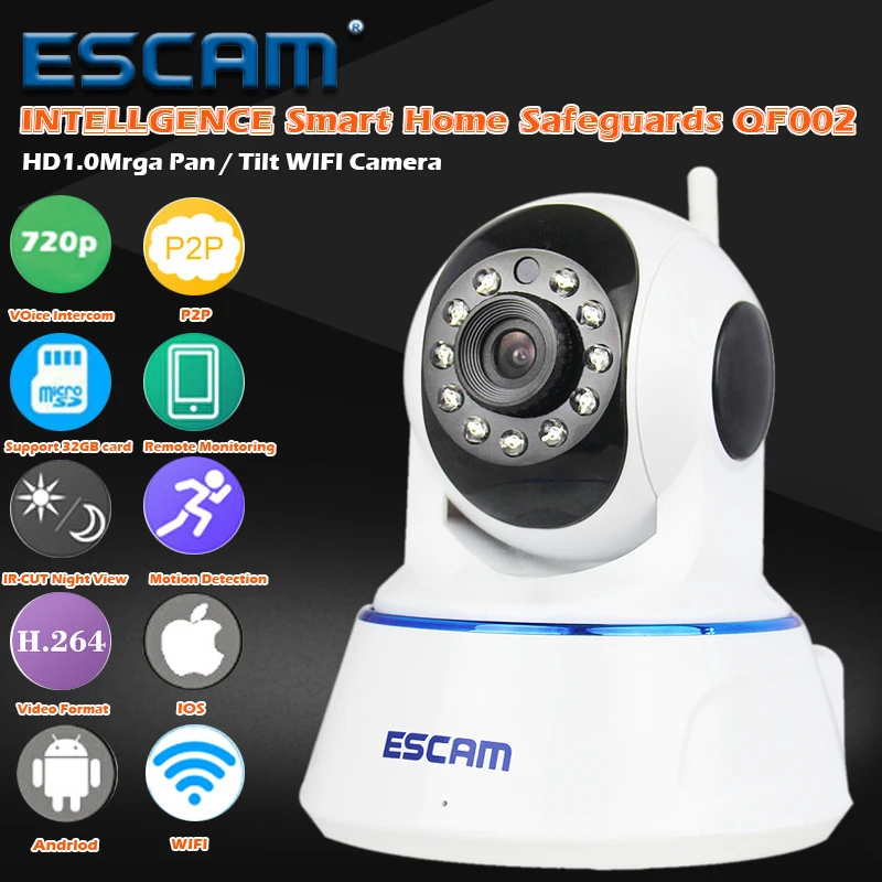 Escam QF002 Mini WiFi IP Camera HD 720P CCTV Security Camera System P2P IR Cut Two Way Audio Micro SD Card Slot Night Vision 720p hd ip camera wireless wifi pan tilt two way audio p2p ir cut onvif cloud night vision micro sd card security cctv camera
