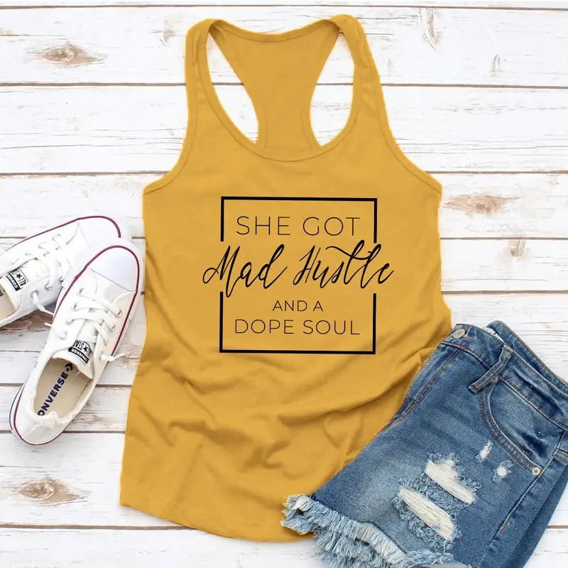 yellow-black text She Got Mad Hustle And Dope Soul Tank Tops Женская Черная майка для бега с цветочным принтом Повседневная футболка для тренировок - Цвет: yellow-black text
