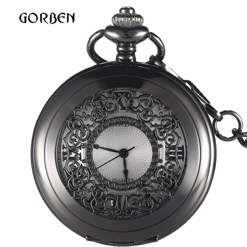 Black Gold Japan movt Quartz pocket fob watch Chain Vintage Luxury Men