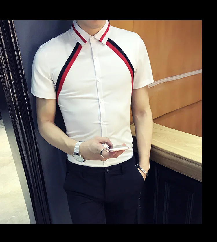 Корейские мужские летние рубашки, новинка, приталенная Мужская рубашка с коротким рукавом, индивидуальный дизайн ленты, простые повседневные вечерние мужские рубашки