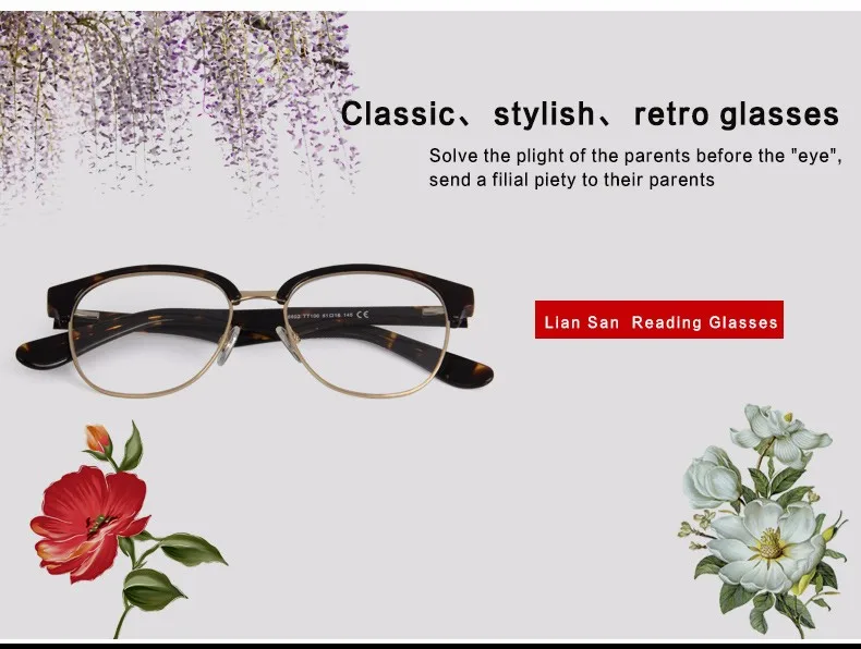 LianSan, Ретро стиль, полуоправа, очки для чтения, для женщин и мужчин, Ретро стиль, роскошные, фирменный дизайн, пресбиопическая мода, пластиковая оправа, для клубного использования, L6602