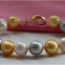 " Подлинная Природный 12 мм Белый Золотой Серый Смешанный Круглый Браслет Перлы 14KGP# f2317! Благородный стиль Природных изысканные jewe Быстрая